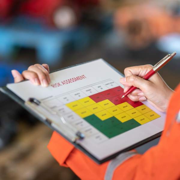 Trainees conducting a hands-on HSEQ risk assessment during vocational training to improve workplace safety awareness.