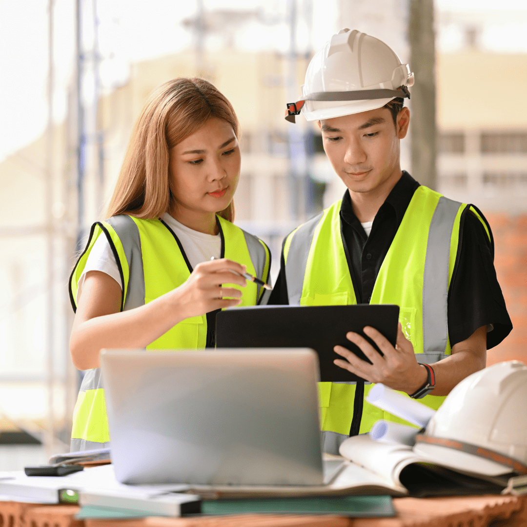 Workers demonstrating behavioral safety practices, following HSEQ guidelines, and engaging in proactive hazard prevention in a vocational setting.