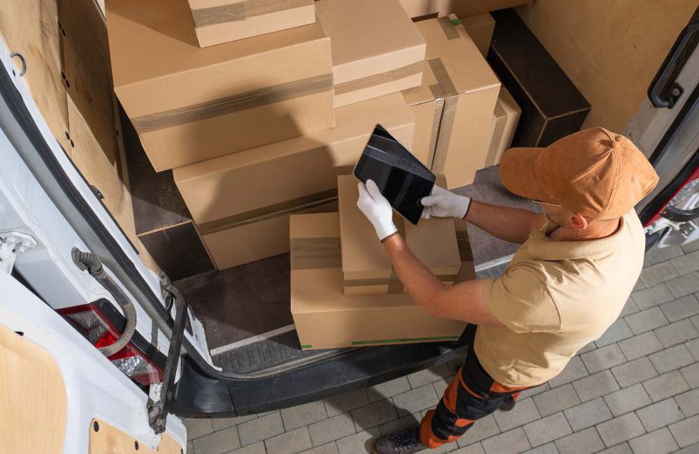 Worker using correct manual handling techniques to lift a box, promoting HSEQ compliance and vocational training best practices.