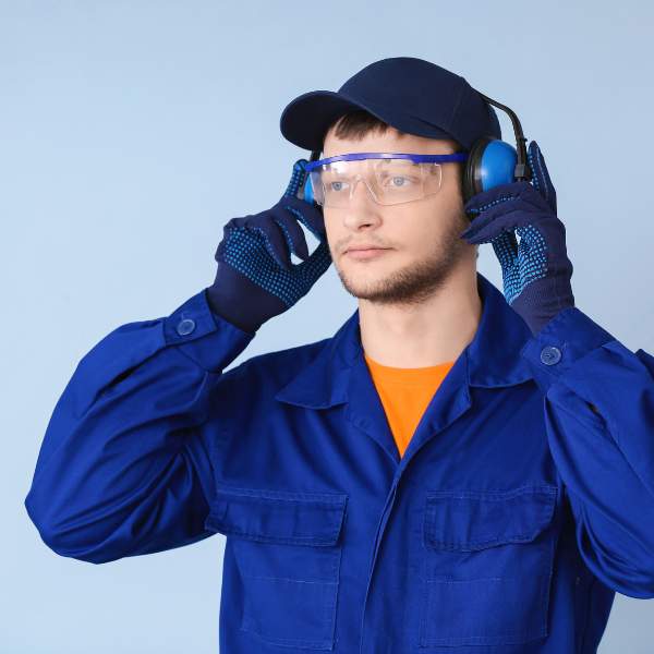Eye Safety Essentials Worker wearing protective safety goggles demonstrating proper eye safety practice for HSEQ vocational training.