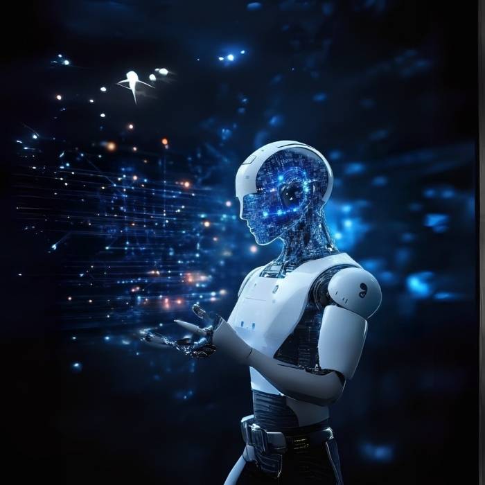 AI robot with digital data visualization symbolizing workplace automation, robotics, and human impact of digital transformation
