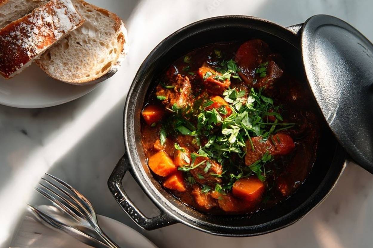 Freshly cooked beef stew with vegetables and herbs served in a black pot with sliced bread on the side