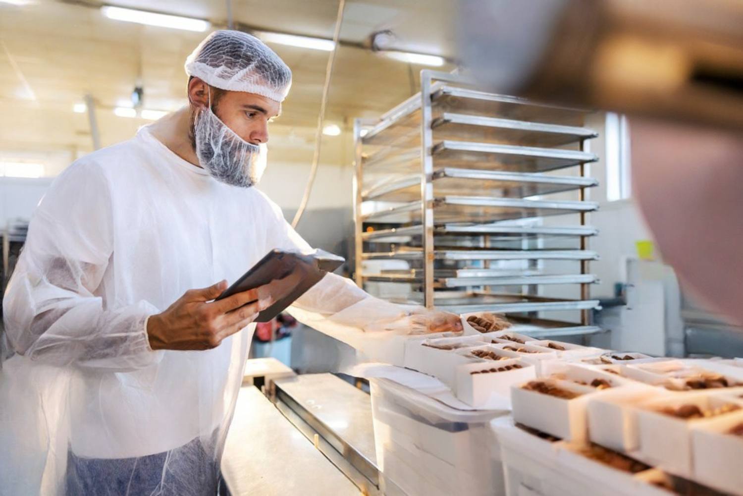 Food safety inspector in protective clothing checking production quality in a food manufacturing facility.