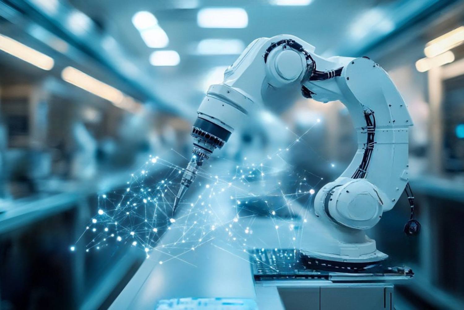 Industrial robotic arm using AI and automation in a smart factory with digital network visualization