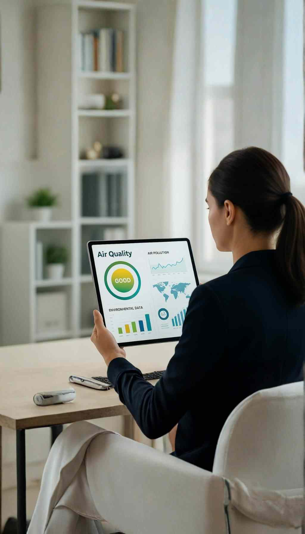 Business person viewing environmental charts and air quality data on a tablet
