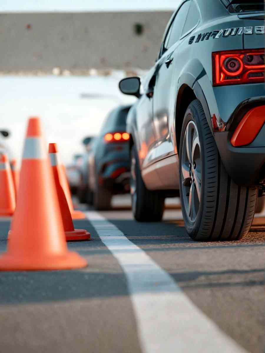 Cars driving through a road with traffic cones, illustrating controlled conditions and the importance of workplace road safety.