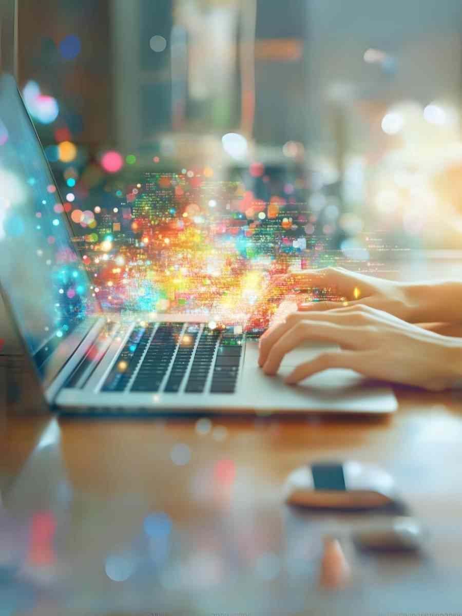 Hands typing on a laptop with colorful data visuals representing digital transformation in Irish food safety compliance.