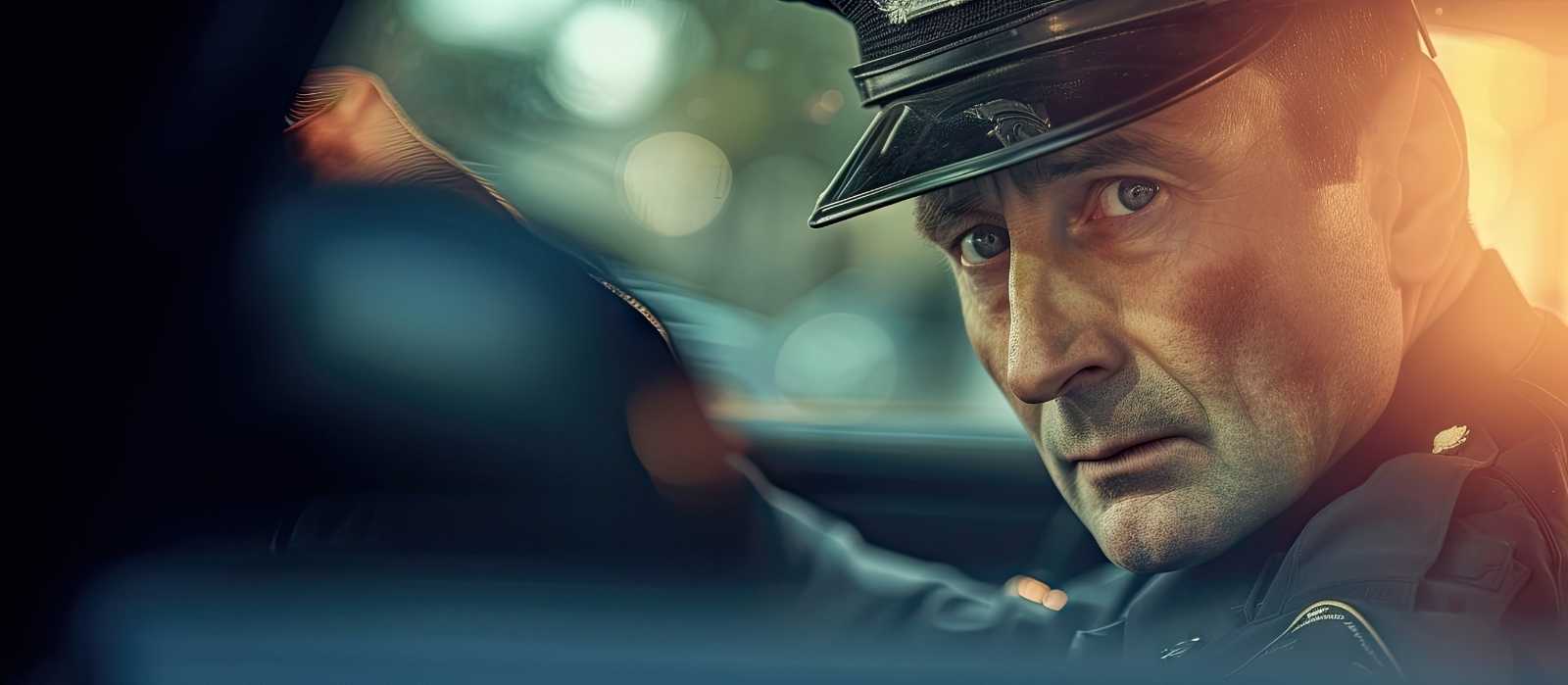 Close-up of a police officer in uniform inside a vehicle, representing the importance of constant communication for emergency response and public safety.