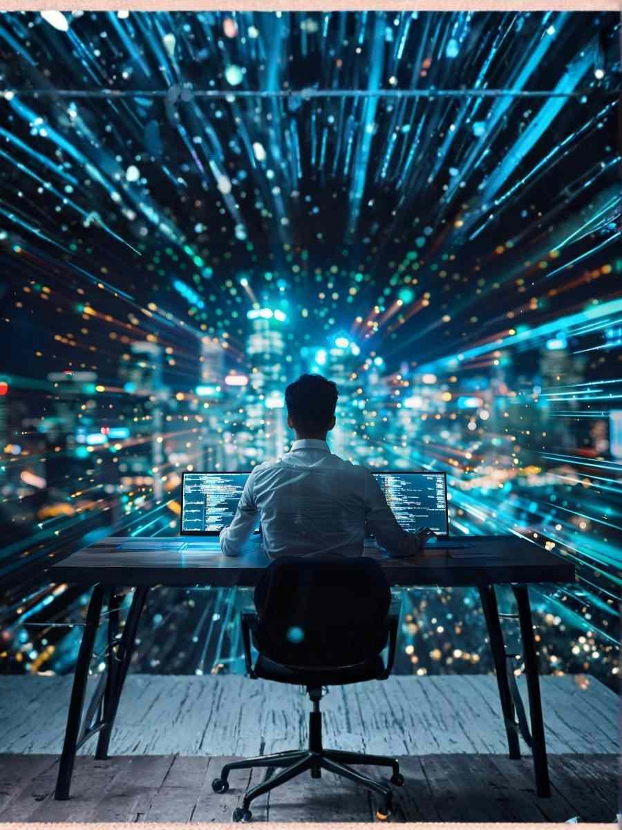 Business professional at desk with digital data streams symbolising the future of work and safety.