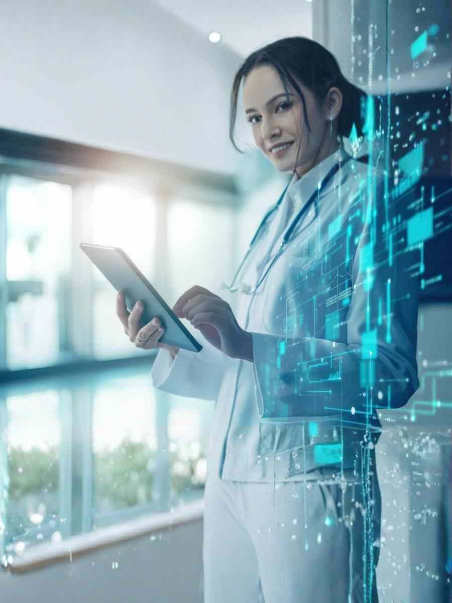 Smiling healthcare professional using a digital tablet with futuristic data interface overlay.