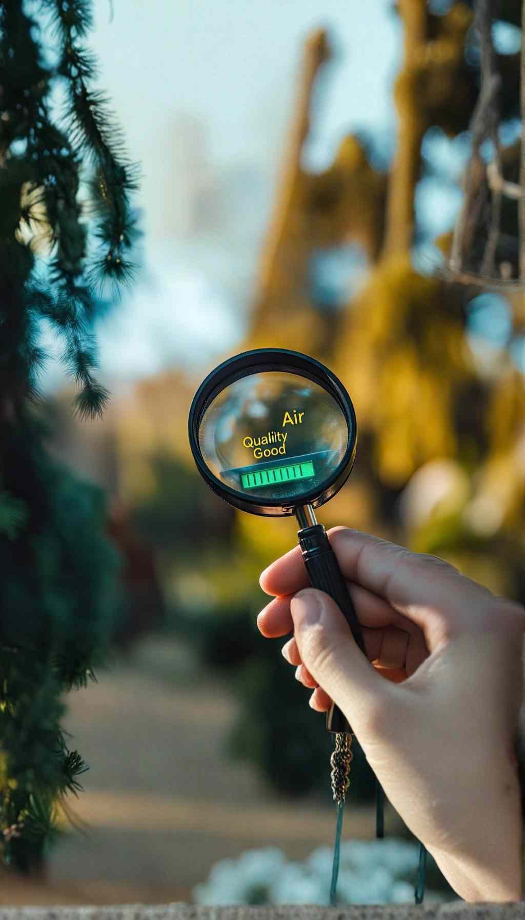 Close-up of a magnifying glass showing the phrase “Air Quality Good,” representing air pollution monitoring and workplace health awareness in Ireland.