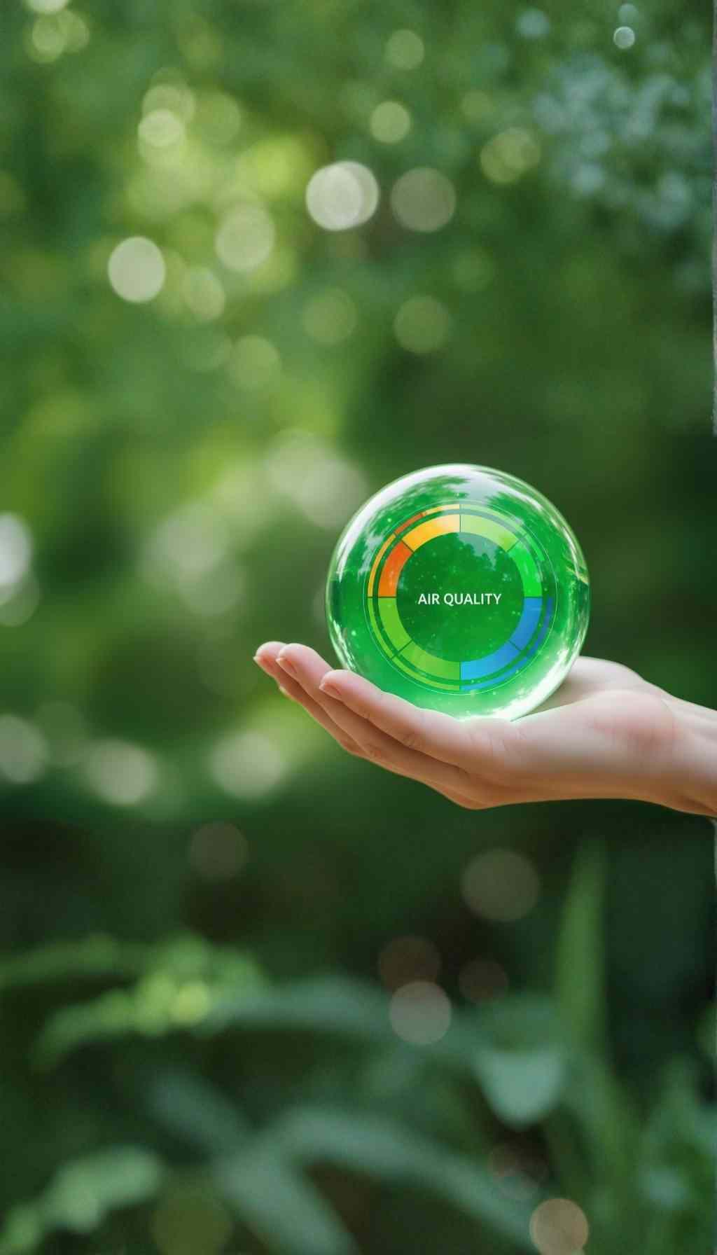 Hand holding a green glass sphere displaying an air quality indicator, symbolising environmental protection, sustainability, and workplace health.