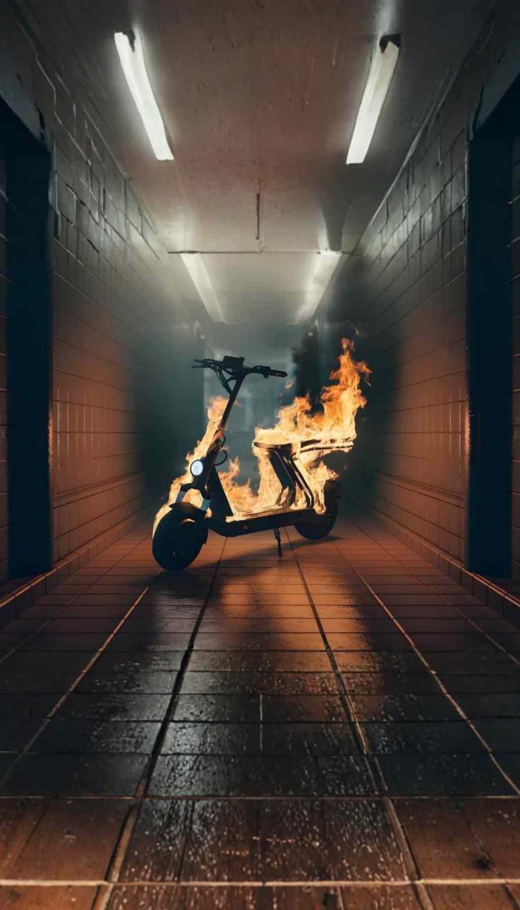 Electric scooter on fire in a hallway, symbolizing the fire hazards of faulty lithium-ion batteries and unsafe equipment.