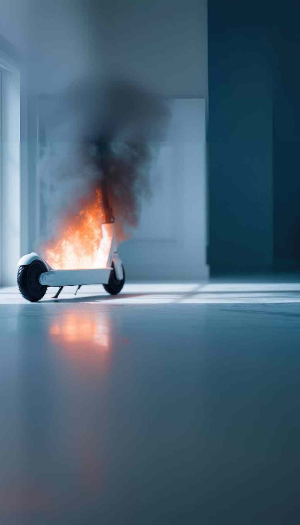 Electric scooter on fire indoors with smoke rising, symbolizing the dangers of charging faulty lithium-ion batteries inside buildings.