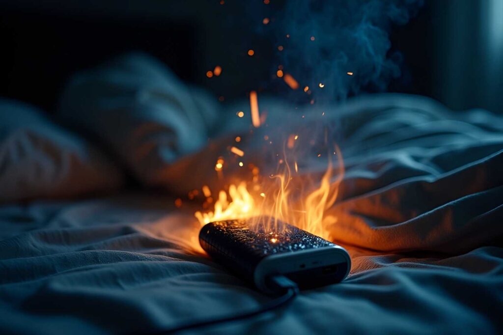 Burning power bank on a bed emitting flames and sparks, symbolising electrical fire risks and the Anker recall safety warning for workplaces in Ireland.