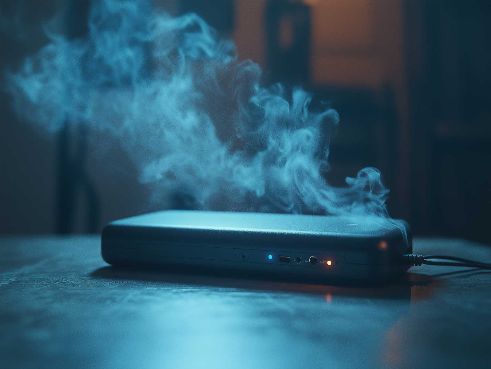 Smoking power bank on a table, representing overheating lithium-ion batteries and the fire risks associated with faulty or recalled devices.