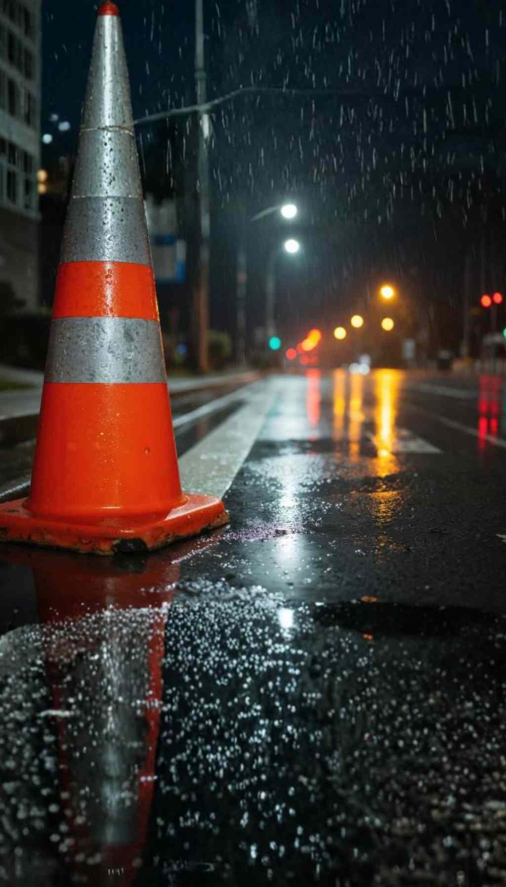 Traffic cone on a wet road at night, symbolising road hazards and the importance of safe driving policies for employees.