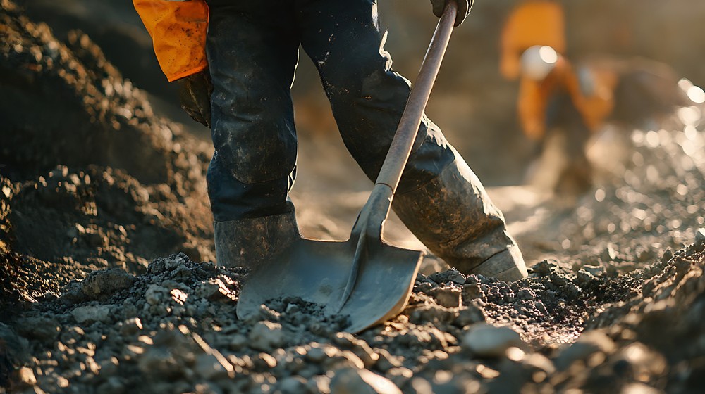 Close-up of a construction worker digging with a shovel on-site, representing safe manual handling practices under Ireland’s new workplace safety laws effective November 1st, 2025.