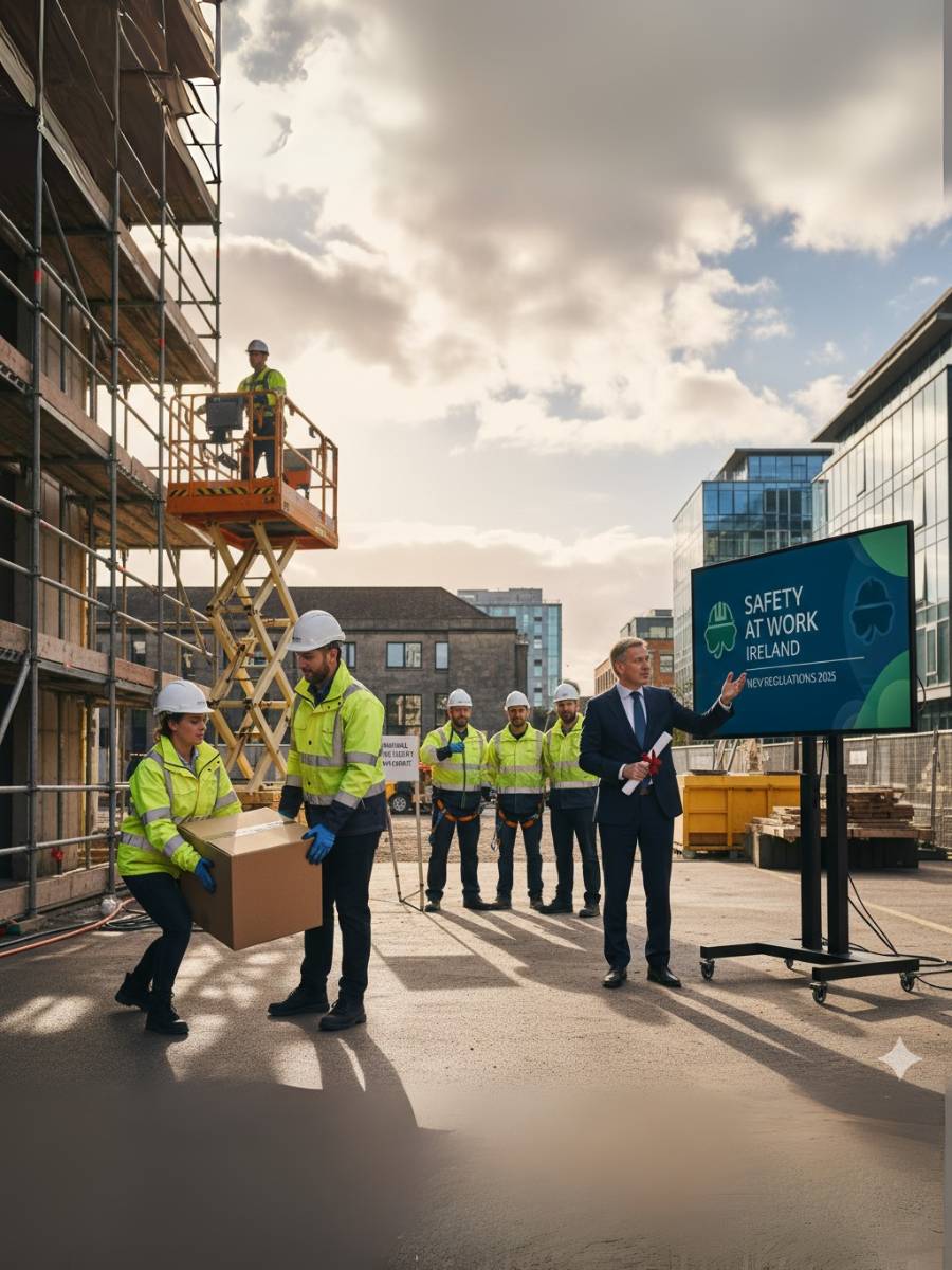 Minister speaking at a construction site with workers in safety gear, highlighting Ireland’s new 2025 regulations on manual handling and work at height.
