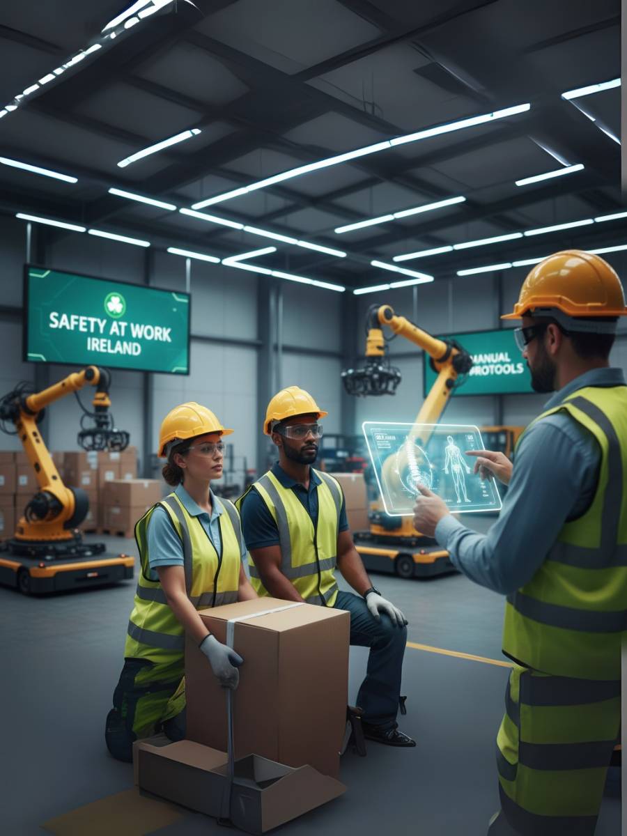 Factory workers in safety gear being trained on safe manual handling techniques with digital tools, reflecting Ireland’s new 2025 workplace safety laws.