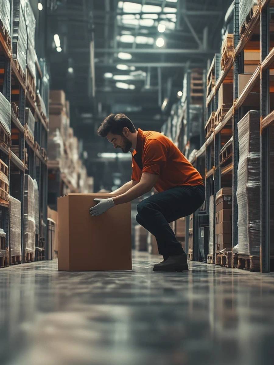 Worker in a warehouse squatting to lift a heavy box with correct posture, illustrating compliance with Ireland’s new manual handling safety regulations.