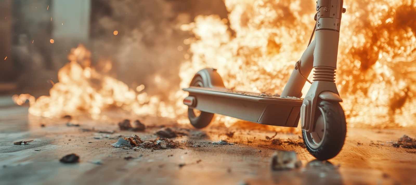 Close-up of an electric scooter with fire in the background, symbolizing the fire hazards from faulty lithium-ion batteries.