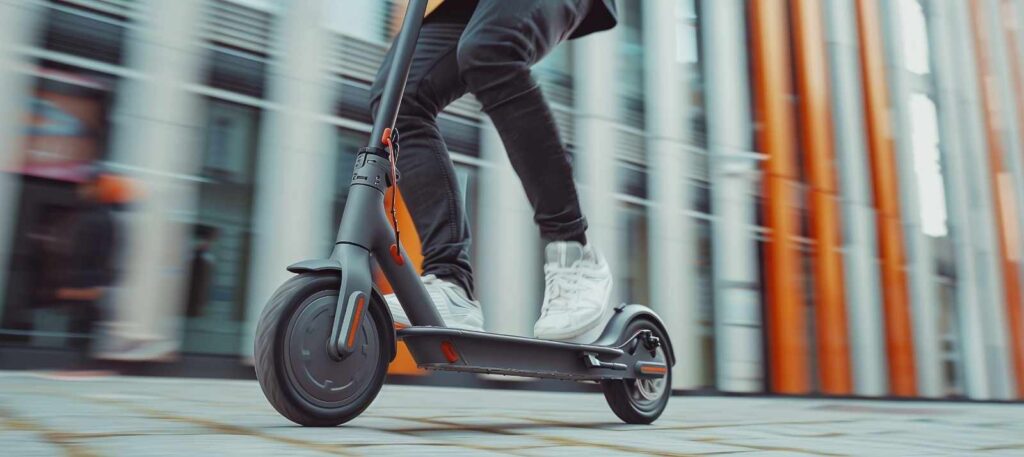 Close-up of a person riding an electric scooter, symbolizing workplace safety risks linked to uncertified battery-powered equipment.