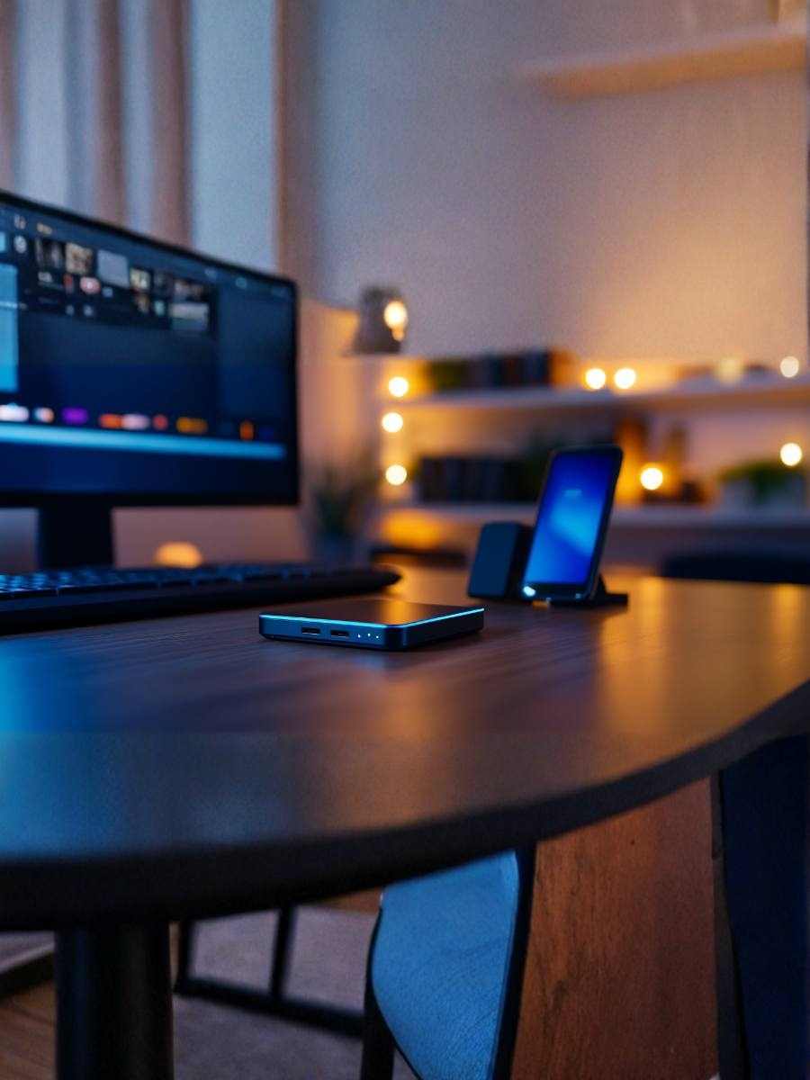 Power bank on an office desk near a smartphone and computer, representing everyday reliance on devices and the hidden fire risks from faulty batteries.