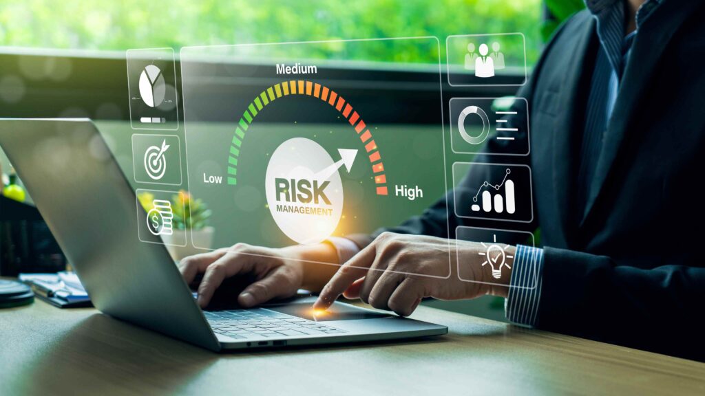 Construction workers on scaffolding wearing safety harnesses with digital overlay icons for fall prevention and risk management.