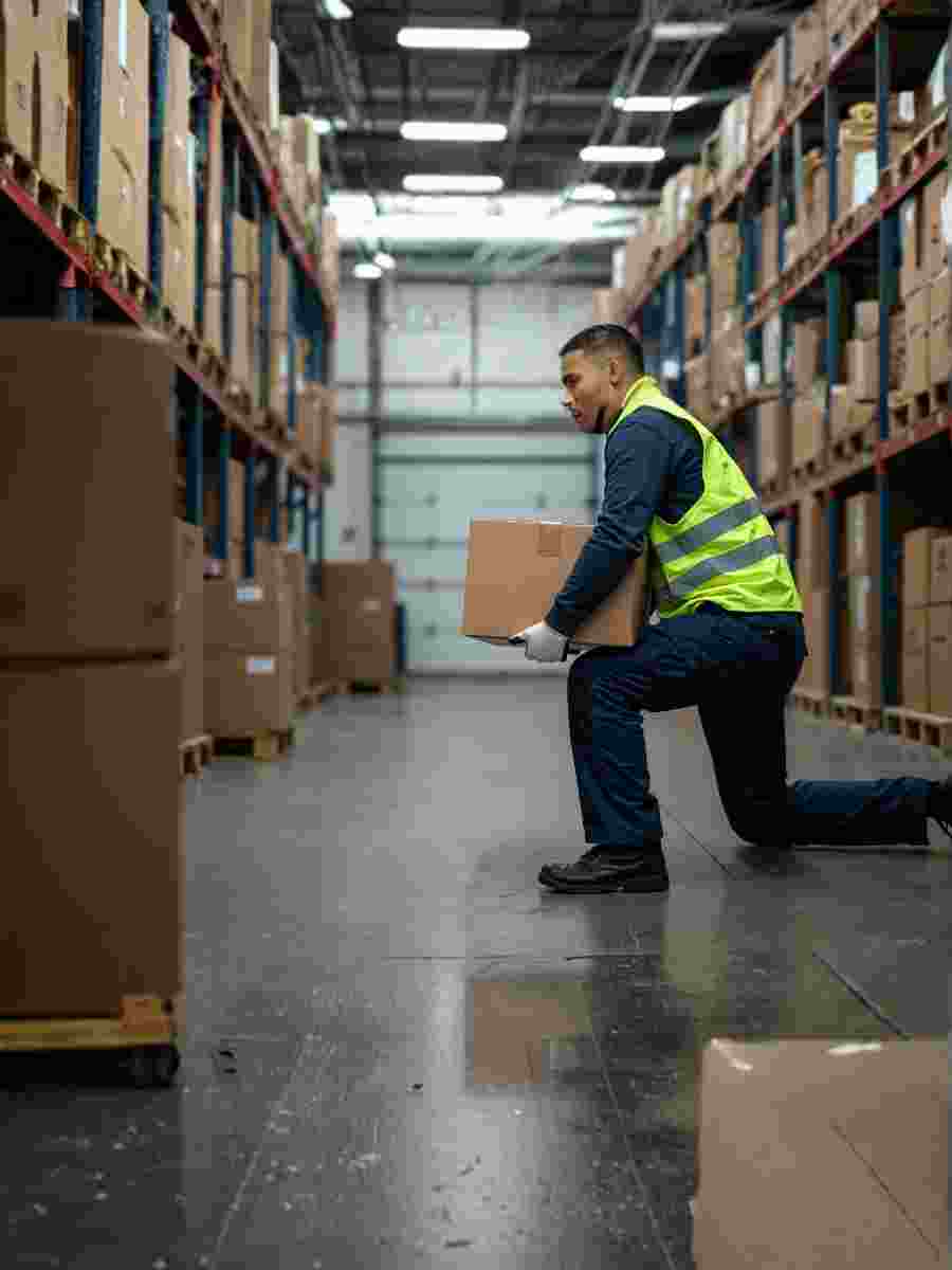 A worker in a high-visibility vest carefully lifting a cardboard box in a warehouse, demonstrating proper manual handling technique to prevent injuries.