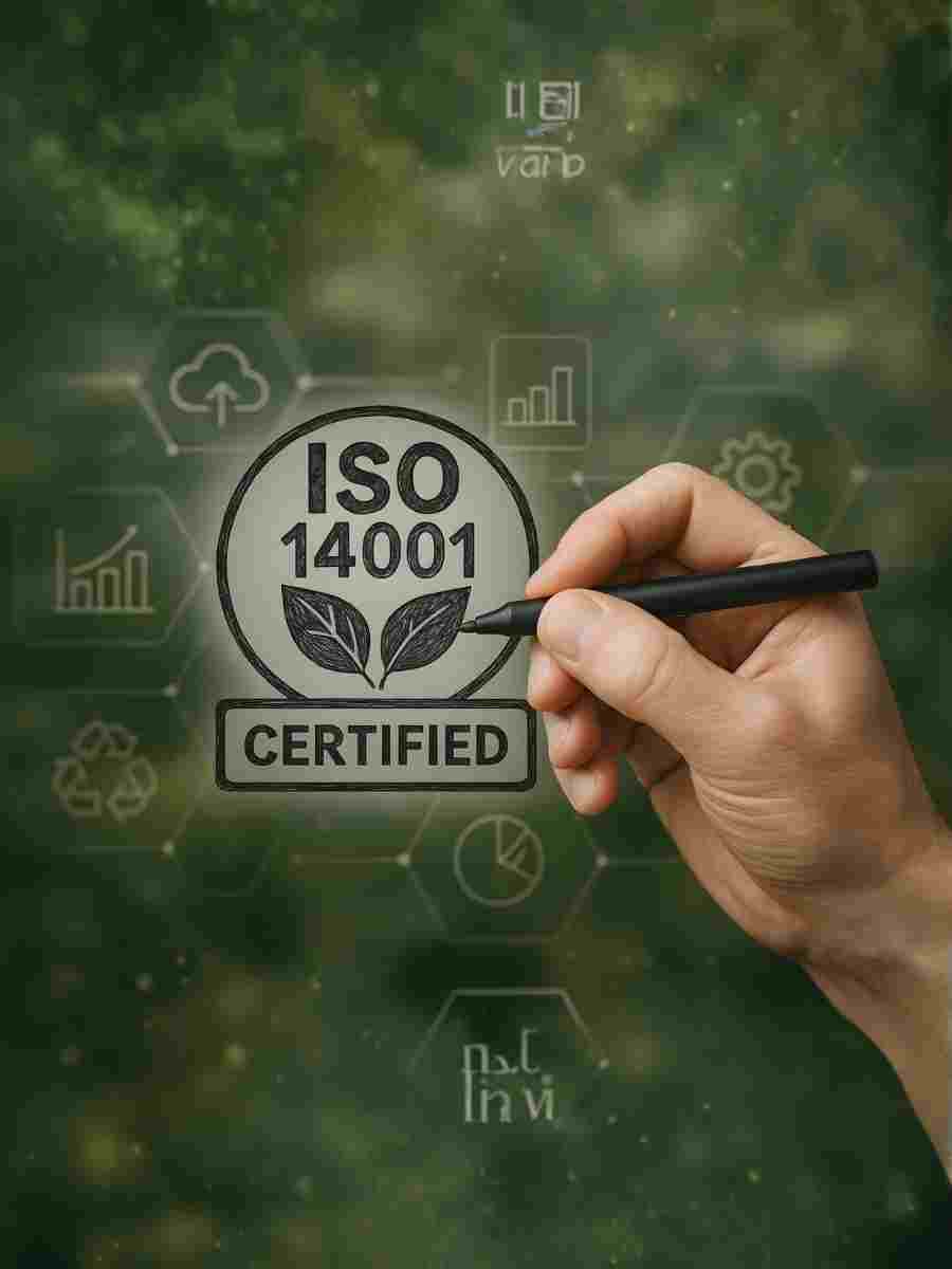 Hand drawing ISO 14001 certified symbol representing environmental management and sustainability standards.