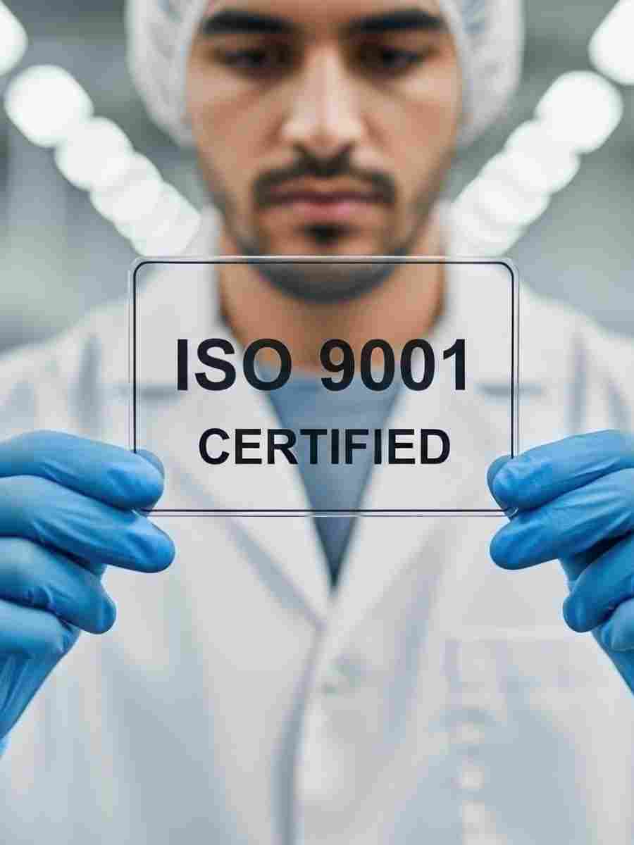 Engineer or technician wearing gloves holding a transparent sign with ISO 9001 certified text, representing quality management standards.