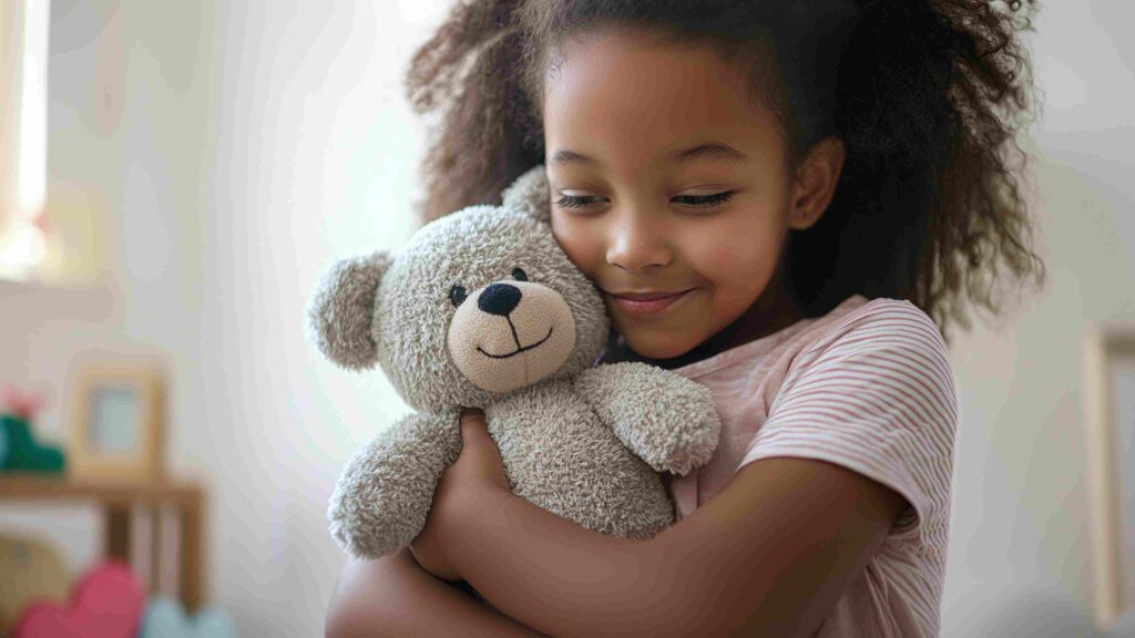 Young child hugging a soft teddy bear, symbolising safe and compliant toys under the new EU Toy Safety Regulation.