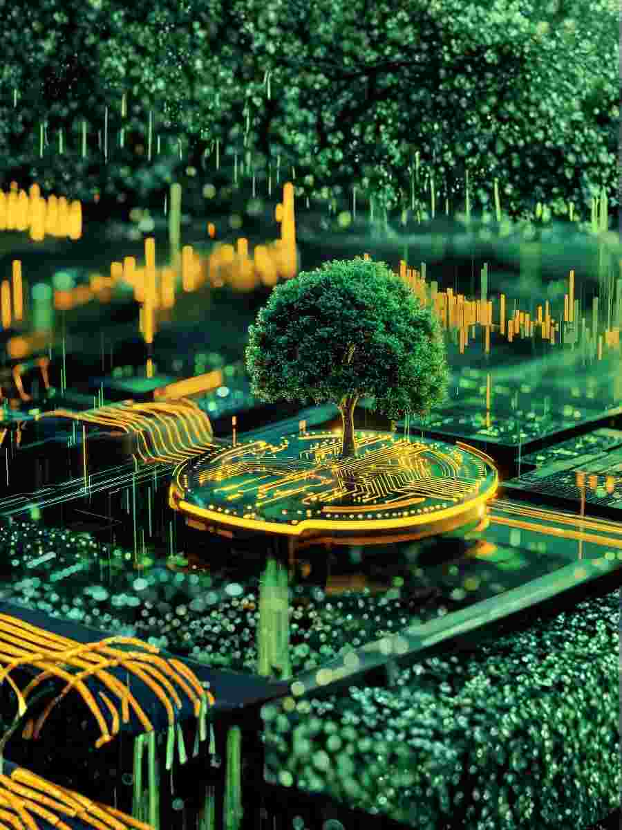 Digital circuit board with a growing green tree symbolising sustainable AI and environmental innovation in workplace safety and HSEQ management.