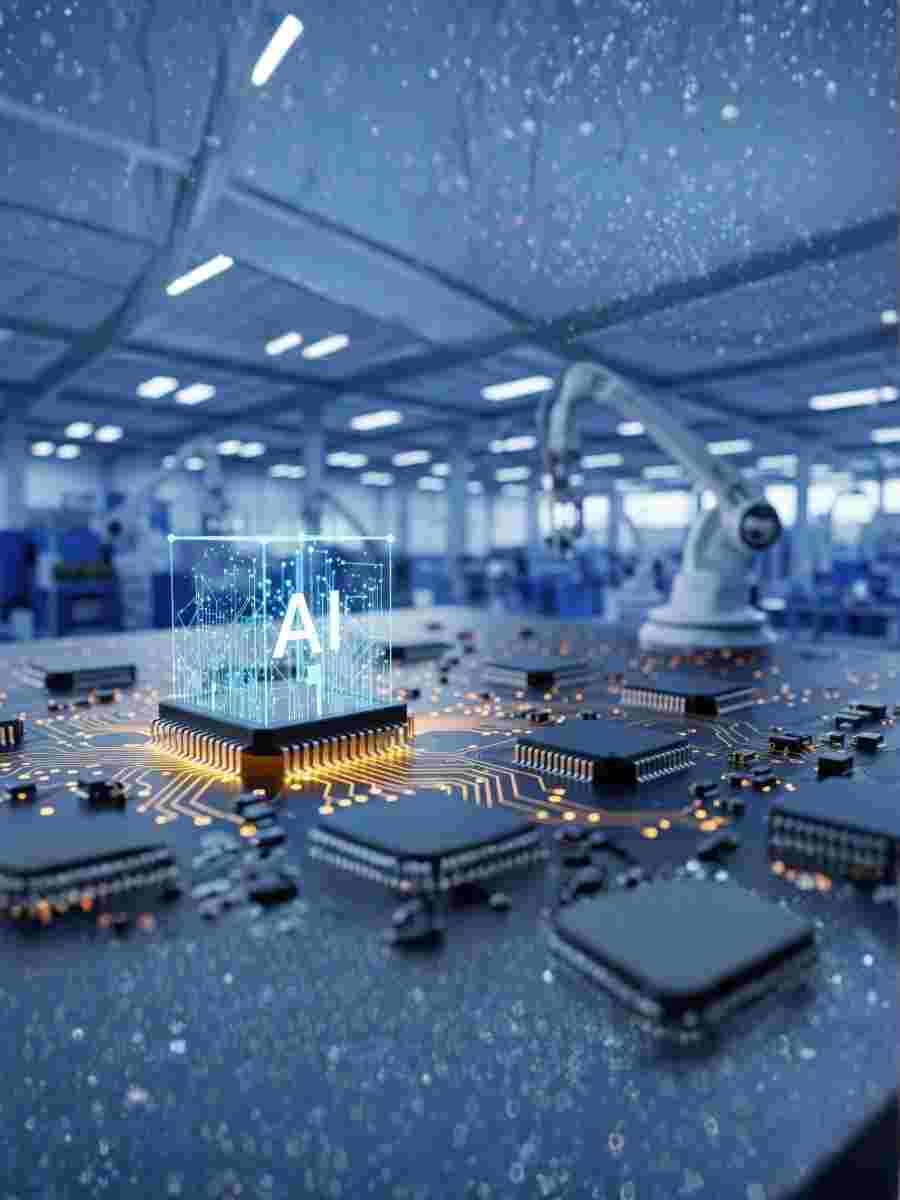 A robotic arm and microchip glowing with the letters “AI,” symbolizing artificial intelligence integration in industrial and safety management systems.